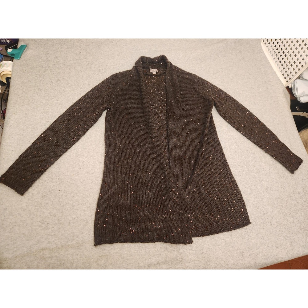 J. Jill Sweater Womens Petite Small Brown Sequin Open Front Cardigan Mohair